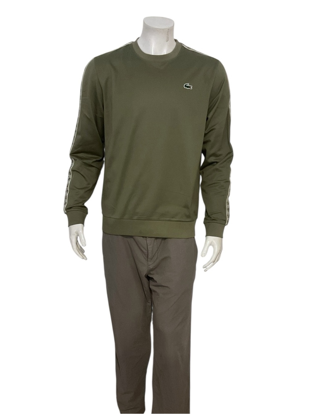 Lacoste Men's Olive Crewneck Sweatshirt with Sleeve Tape